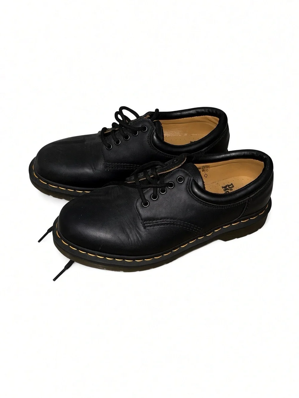 Dr. Martens Black Leather 5-Eye Lace-Up Oxfords with Yellow Stitching